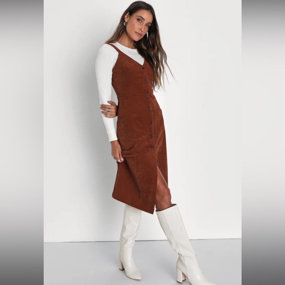 NWT Lulus Certainly the Sweetest Brown Corduroy Button-Front Midi Dress SZ S/M